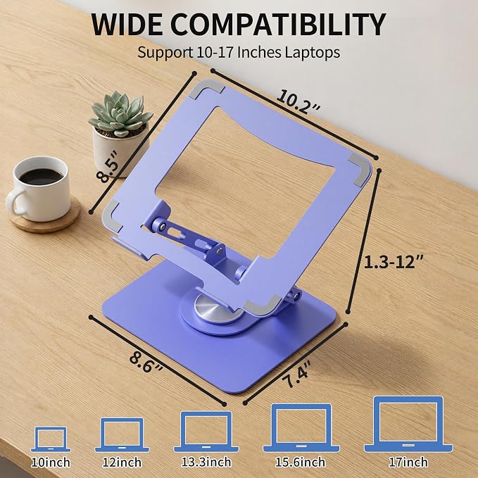 SOUNDANCE 360 Rotating Laptop Stand, Ergonomic Computer Riser for Desk, Adjustable Height Multi-Angle Metal Holder, Foldable Portable Notebook Elevating Base for Office & Home, Purple - Image 6