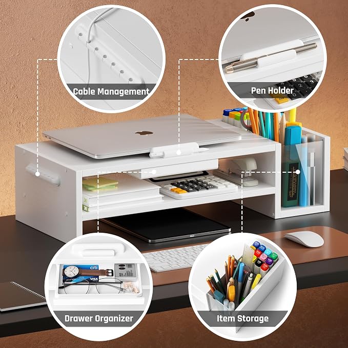 AFOOYO Adjustable Wood Laptop Stand, Ergonomic Height & Angle Computer Riser with Pen Holder – Compatible with MacBook Air/Pro, Dell, HP, Lenovo & 10-17.3" Notebooks – White - Image 4
