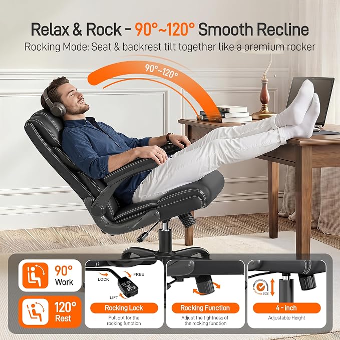 Office Chair, Executive Mid-Back Computer Desk Chair with Flip-up Armrests | 300 Lbs Ergonomic Leather Swivel PC Chair with Rock Function for Working Studying (Black) - Image 3