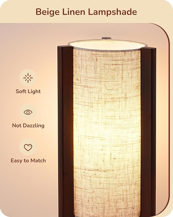 EDISHINE Wood Table Lamp, 13.5" Small Bedside Lamp, Rosewood, E26 Base | Beige Linen Shade, Cylinder Base, On-Off Line Switch, Nightstand Lamp for Bedroom, Living Room, Office - Image 3