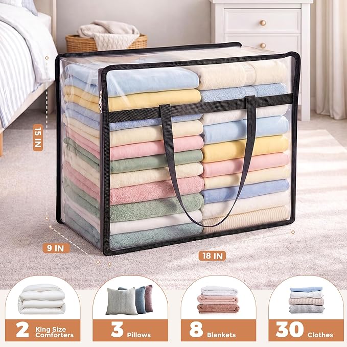 4 Pack Clear Storage Bags for Clothes, 45L Closet Organizers and Storage | Plastic storage with zipper and handle, moving bags, under-bed storage, closet organizer for blankets, comforters, toys - Image 2