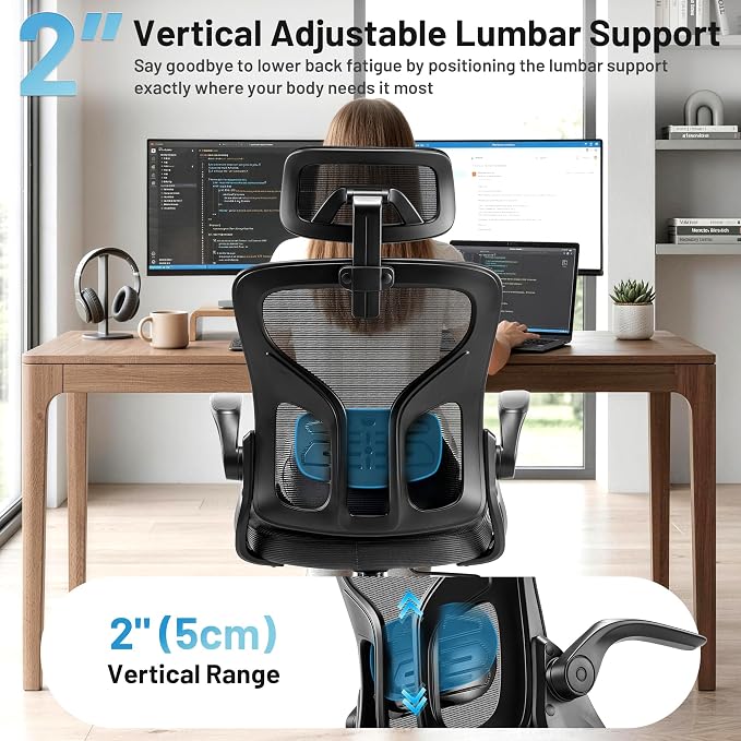 Office Chair Ergonomic Desk Chair with Adjustable Headrest Lumbar Support, High Back Breathable Mesh Chair with 120° Tilt & Flip-Up Armrests, Swivel Comfy Task Computer Chair for Work, Study - Image 3