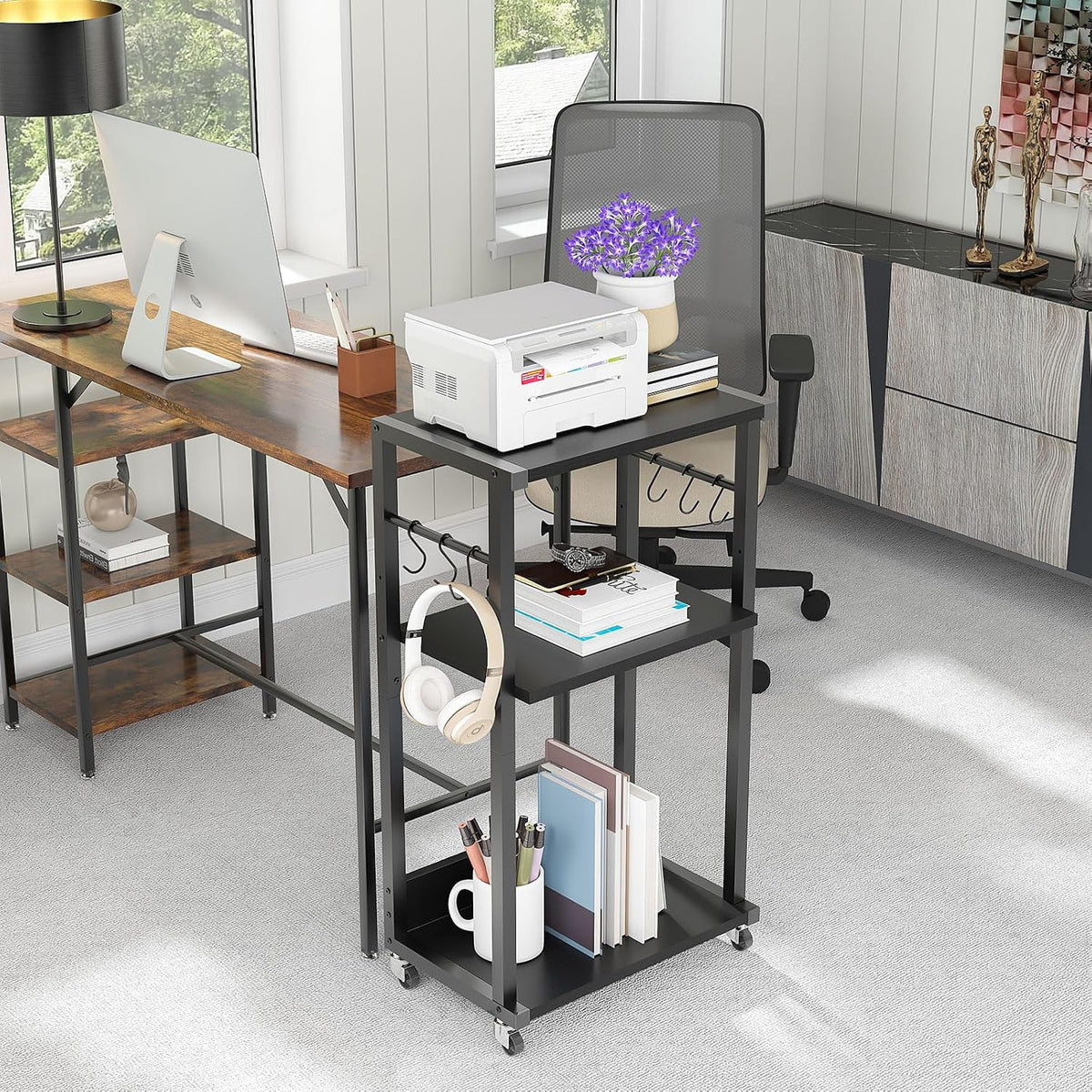 YMYNY 3-Tier Mobile Printer Stand 32.28*17.32*11.81" Black - Image 3