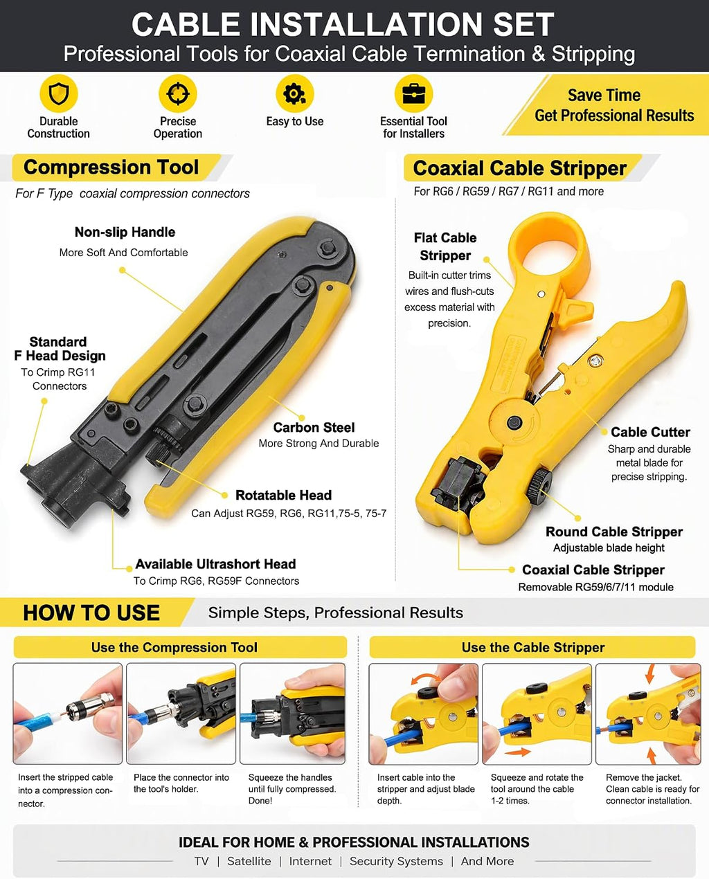 F Compression Tool Coax Cable Crimper Kit, Adjustable RG6 RG59 RG11 75-5 75-7 Coaxial Cable Stripper with F Compression Connectors Pack of 10 - Image 2