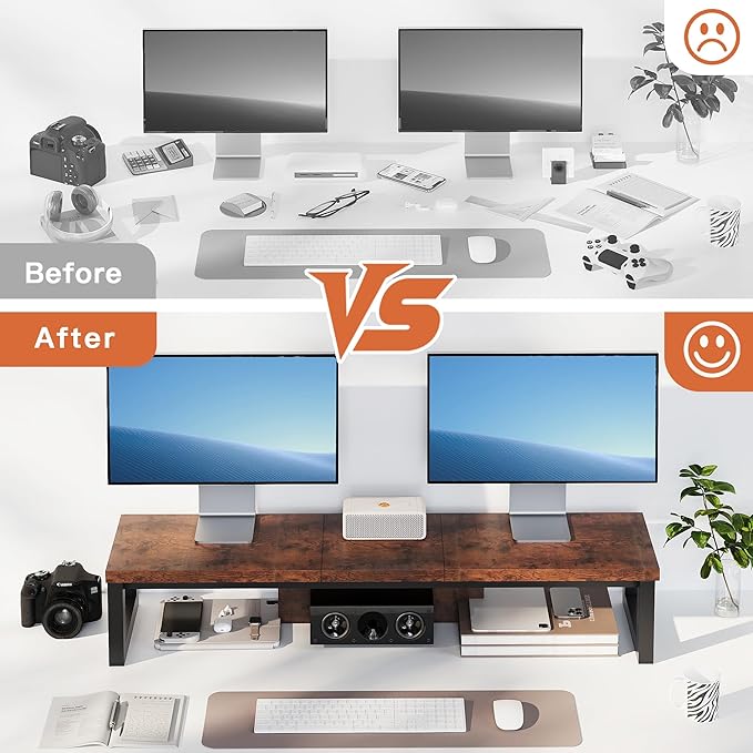 Dual Monitor Stand Riser, Wood and Steel Monitor Riser, Long Computer Monitor Stands for 2 Monitors, Desk Shelf for Computer, Laptop, Printer, TV, Brown - Image 5