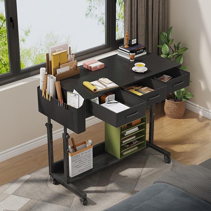 Rolling Standing Desk Adjustable Height with Drawers, 40 Inch Mobile Stand Up Portable Teacher Desks on Wheels for Classroom, Couch Sofa Side Laptop Table with Storage for Bedroom Home Office, Black - Image 2