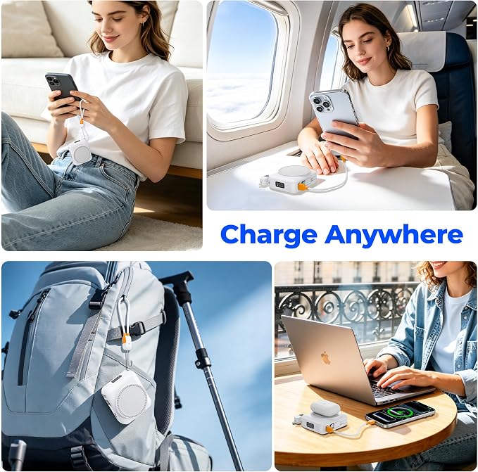 20000mAh Portable Charger 22.5W Fast Charging Power Bank Charge iWatch, Built-in Cables, LED Display, Magnetic Wireless Charging, TSA approved, Pocket Size, for Apple Watch, Phone, AirPods, White - Image 9