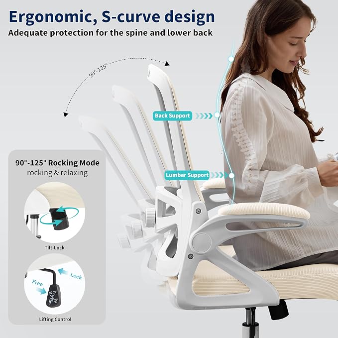 Ergonomic Office Chair Desk Chair with Adjustable Lumbar Support | Mesh Computer Chair Home Office Desk Chair with Flip-up Armrests Executive Task Chair Comfy Mesh Gaming Chair (Buff Beige) - Image 5