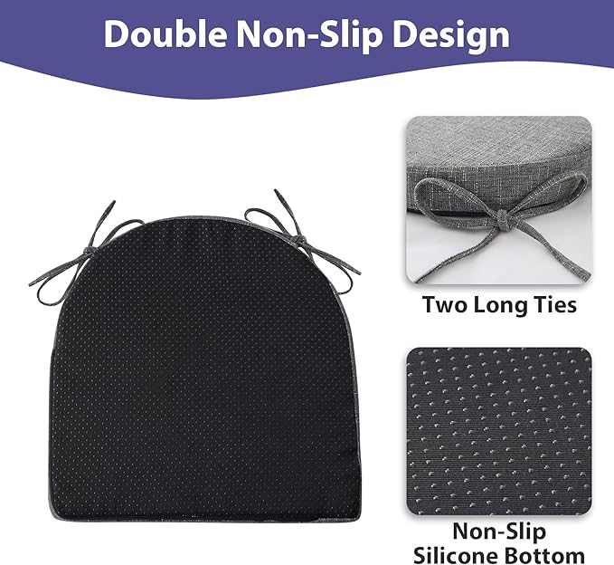 IPYNBAP Chair Cushions for Dining Chairs, Kitchen Chair Cushions, 16'' x 16'' x 2'', Non Slip Indoor Seat Cushions, Chair Pads for Dining Chairs with Ties & Removable Cover, Set of 6, Dark Grey - Image 4