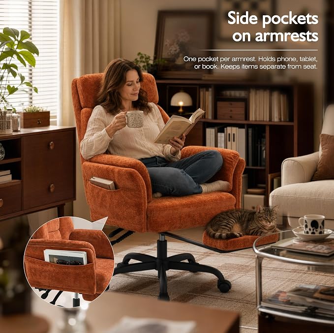 C57 Ergonomic Reclining Office Chair with Footrest, Velvet Desk Chair with 6-Stage Adjustable Wing Armrests for Cross Legged Sitting, Pet Friendly High Back Lounge Gaming Chair for Home Office - Image 5