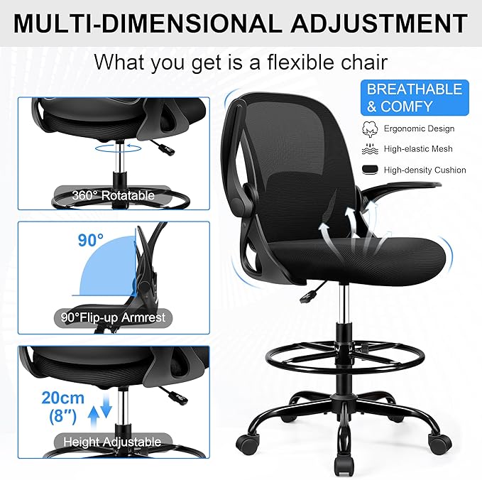 Drafting Chair Tall Office Chair with Flip-up Armrests, Adjustable Height, and Enhanced Lumbar Support - Ergonomic Rolling Stool, Back Support, and Adjustable Foot Rest Ring for Standing Desk Black - Image 5