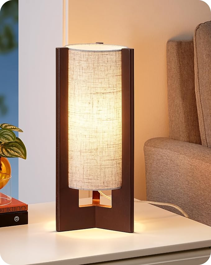 EDISHINE Wood Table Lamp, 13.5" Small Bedside Lamp, Rosewood, E26 Base | Beige Linen Shade, Cylinder Base, On-Off Line Switch, Nightstand Lamp for Bedroom, Living Room, Office by EDISHINE