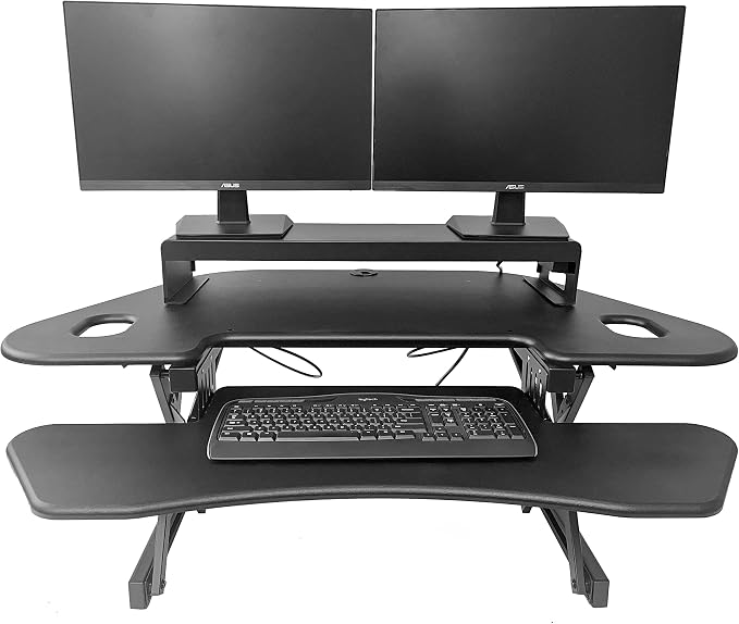 Rocelco 46" Height Adjustable Corner Standing Desk Converter with Dual Monitor Stand Bundle - Quick Sit Stand Up Computer Workstation Riser - Extra Large Keyboard Tray - Black (R CADRB-46-DMS) - Image 2