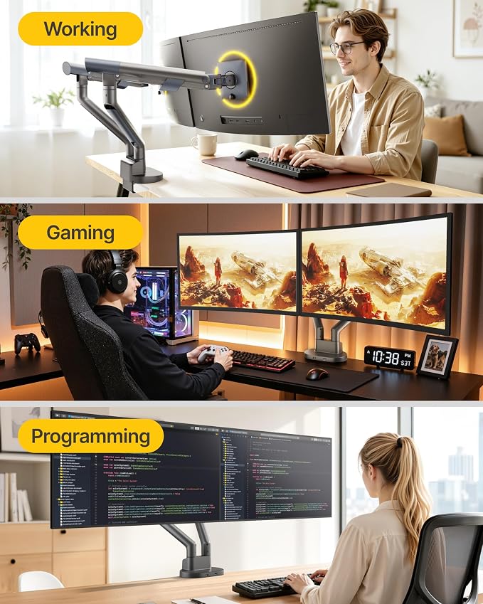 monTEK Aluminum Dual Monitor Arm for 17-35" Screens, 24.3 lbs Each, Gray | Mechanical spring, tension indicator, full motion, VESA 75/100 compatibility, clamp/grommet bases and cable routing - Image 9