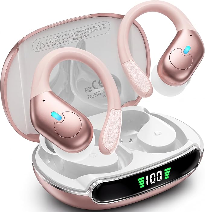 Active Noise Cancelling Ear Buds Wireless Earbuds 90H Playtime Bluetooth Headphones Stereo Bass Over-Ear Hooks Earphones with Power Display Case IPX7 Waterproof Headset for Workout/Running, Rose Gold by WHYKJTEK