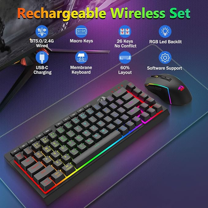 Redragon Wireless Gaming Keyboard and Mouse Combo, 60% Portable, Black | Bluetooth/2.4G/USB-C Wired, RGB Backlit, Quiet Rechargeable Macro Membrane Keyboard & 12800 DPI Mouse for Win/MAC - Image 2
