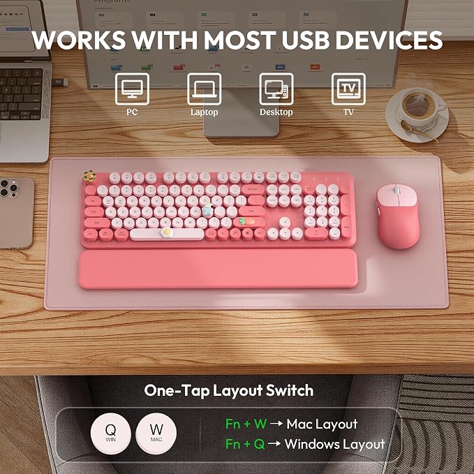 Wireless Keyboard and Mouse Combo, Typewriter Keyboard with Magnetic Wrist Rest, Full-Size Cute Round Keycaps, Sleep Mode, 2.4G Keyboards for Mac/Windows/PC, Office or Home, Trueque CK23Pro | Full-Size, Round Keycaps, Smart Sleep Mode, 2.4GHz Stable Co... - Image 7
