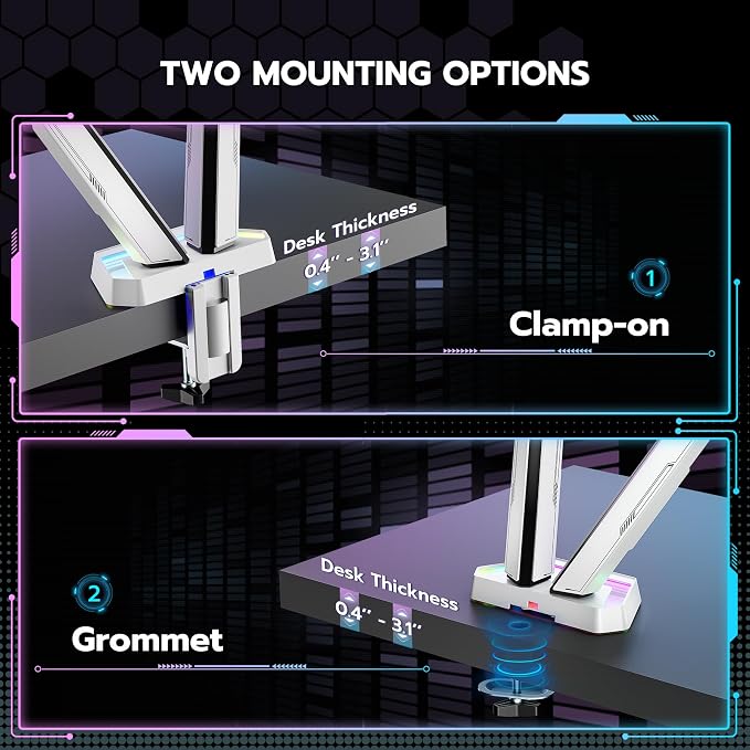ARES WING RGB Dual Monitor Arm Desk Mount for 17-38 inch Monitors, White | Heavy Duty Dual Monitor Stand Holds 35.2 lbs, Adjustable Ultrawide Monitor Arm with Clamp & Grommet Base, 75/100 VESA - Image 7