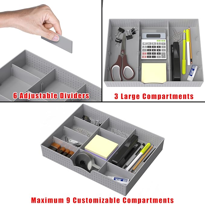 Simple Houseware Drawer Organizer Tray, 9 Adjustable Compartments, Gray | For Office, Makeup, and Craft Drawer or Desktop Storage - Image 3