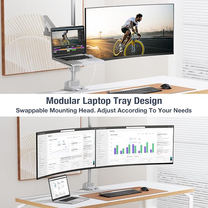 AVLT Laptop & 40 Inch Monitor Arm Pole Top Mount with USB-C&A Ports - Gray | VESA Compatible, Supports 26.4 lbs (12 kg), Ultrawide Screen Fit, Adjustable Height, Tilt Swivel Rotate, Cable Management - Image 2