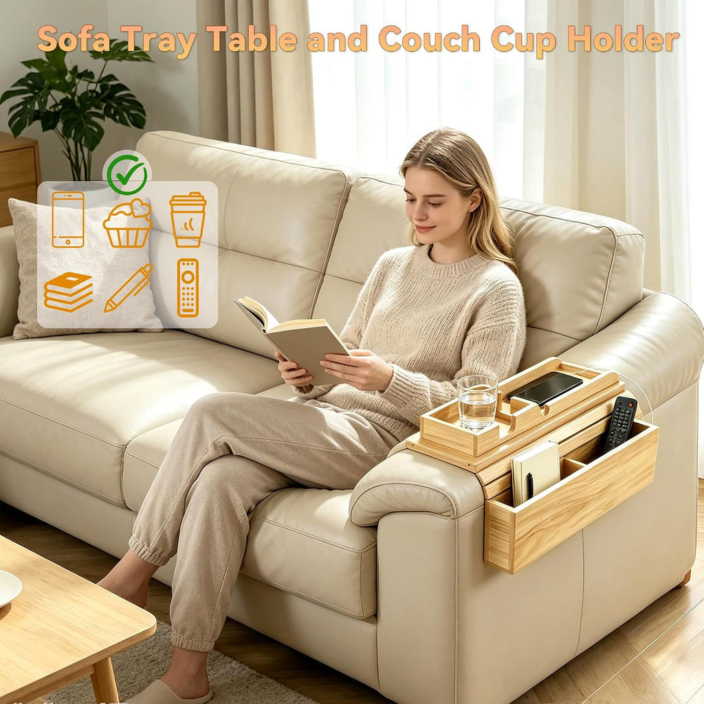 Couch Arm Tray,Foldable Sofa Caddy with Cup Holder,Natural - Image 2