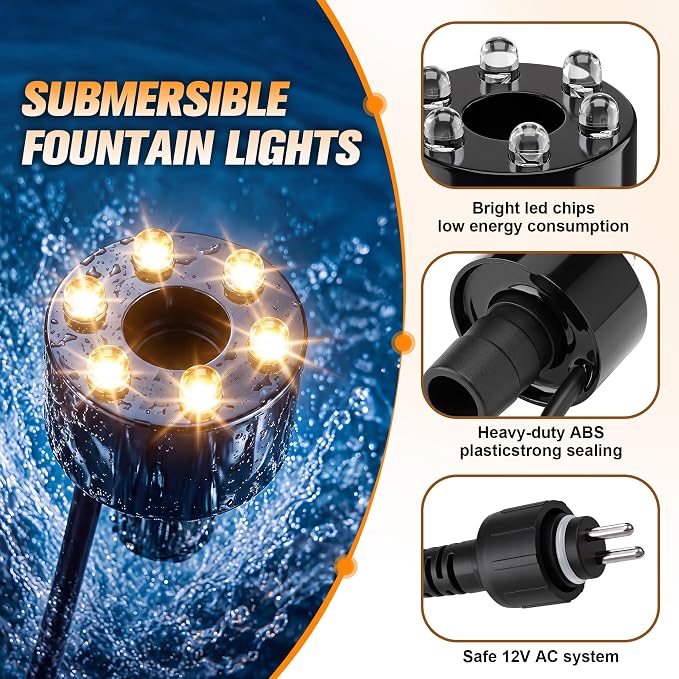 12V Submersible LED Fountain Light Ring, Warm White, 1 Pack | 6 LED Underwater Fountain Lights, 1/2" Water Hose Adapter, 59in Cable for Fountain, Waterfall & Water Features, w/o AC Plug - Image 6
