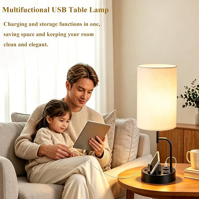 Dreamholder 2 Pack Table Lamp, Bedside Lamp with 3 USB Charging Ports & AC Outlet, USB Desk Lamp with 2 Phone Holders, Linen Fabric Shade Nightstand Lamps for Bedroom Living Room Office, Black - Image 7