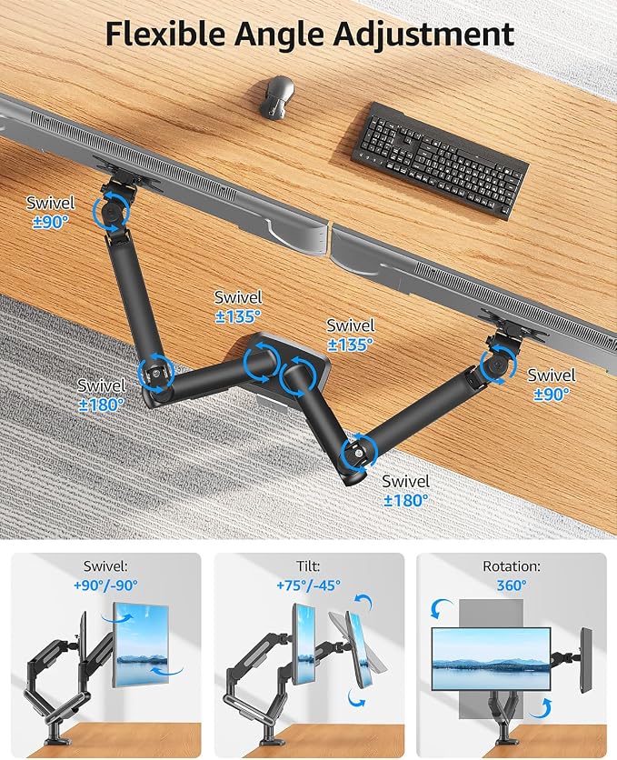 MOUNTUP Dual Monitor Mount, Heavy Duty Monitors Arm | Holds 4.4-26.5lbs, Monitors Arm for 39 37 34 32 27inch, Height Adjustable Monitors Desk Mount with C-Clamp＆Grommet Base - Image 5