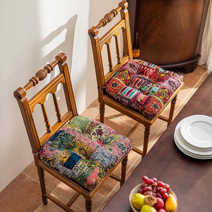 vctops Boho Chair Cushions with Ties Patchwork U-Shaped Soft Cozy Cotton Linen Chair Pads Non Slip Seat Cushions for Indoor Dining Room and Kitchen Chairs (Pink B,18"x18") - Image 3