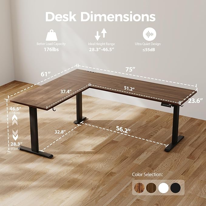Agilestic L Shaped Standing Desk Adjustable Height, 75 Inch, Dark Walnut | Electric Height Adjustable, Spacious Corner Desktop, Sturdy Steel Frame, Memory Presets, 176 lbs, Splice Board - Image 2