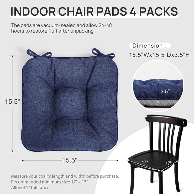 Love's cabin Memory Foam Chair Cushions Set of 4, 15.5 Inch, Navy Blue | 15.5"x15.5"x3.5", Indoor & Outdoor Chair Seat Pads with Non-slip Bottom and Ties, for Dining, Kitchen, Office and Patio Chair - Image 2