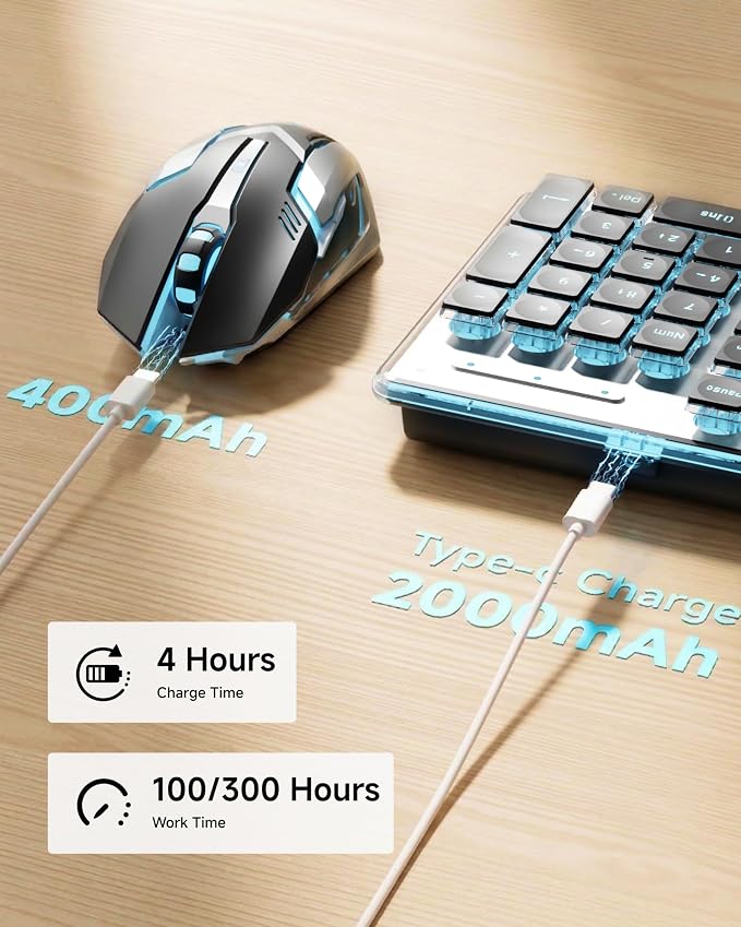 Wireless Keyboard and Mouse Combo with White Backlit Pudding Keycaps, Bluetooth & 2.4G, 2000mAh Rechargeable, Full Size, Metal Panel Quiet Computer Keyboard Set for Windows PC Desktop - Black - Image 6