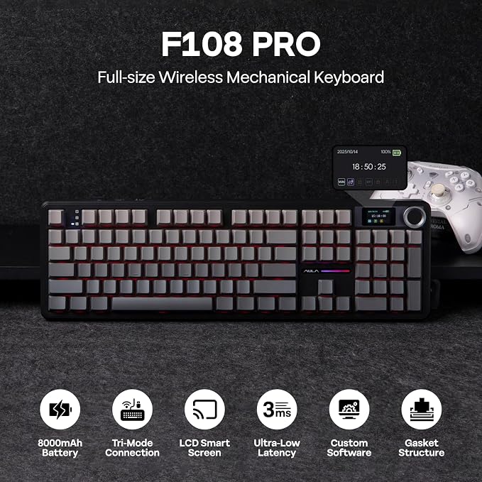 EPOMAKER X Aula F108 PRO Wireless Gaming Keyboard with Screen, 8000mAh Battery, 104 Hot-Swappable and Programmable Keys and Knob, RGB Backlight, for Mac/PC/Android (Black Gradient) - Image 2