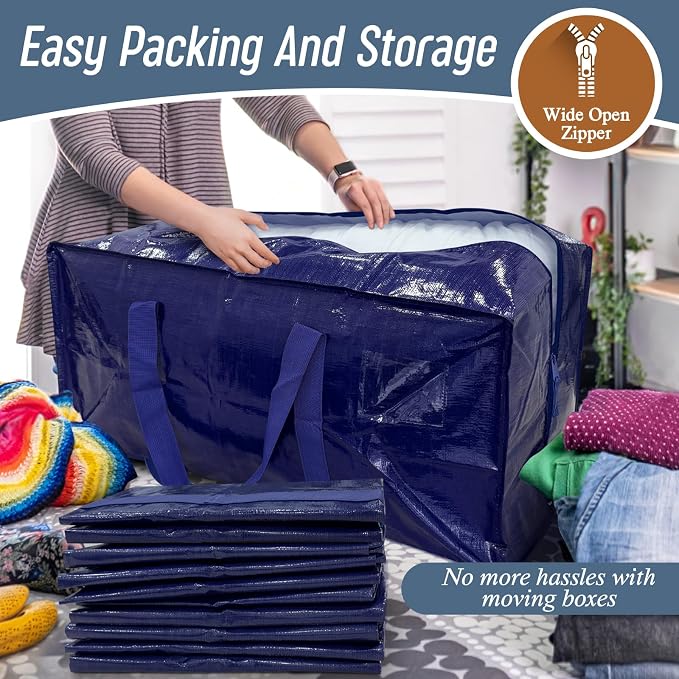 6 Pack Extra Heavy Duty Large Moving Bags with Strong Zipper, Dark Blue | Comfortable Handles, Sturdy & Durable Clothes Storage Bags Totes Bins, Blue Packing Moving Boxes for College Supplies - Image 5