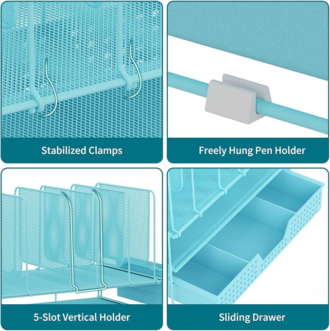 LEKETREE Teal Desk Organizer, Office Organization with Vertical File Holder, File Organizer with Drawer and Pen Holder, Desk Accessories and Workspace Organizers for Home Office (Sky Blue) - Image 5