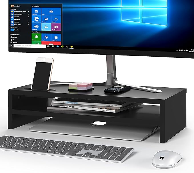 BONTEC Wood Monitor Stand Riser, 2-Tier Desktop Organizer | Ergonomic Computer Stand for Desk, Cable Management, Cellphone Holder, 21.3 Inch Shelf, Black by BONTEC