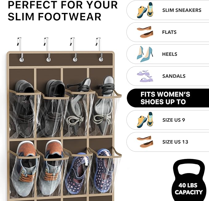 Simple Houseware 24 Pockets Clear Over the Door Shoe Organizer, Brown | 64" x 19", 4 Durable Metal Hooks, 4.3" x 9.5" Pocket Size, Multipurpose - Image 3