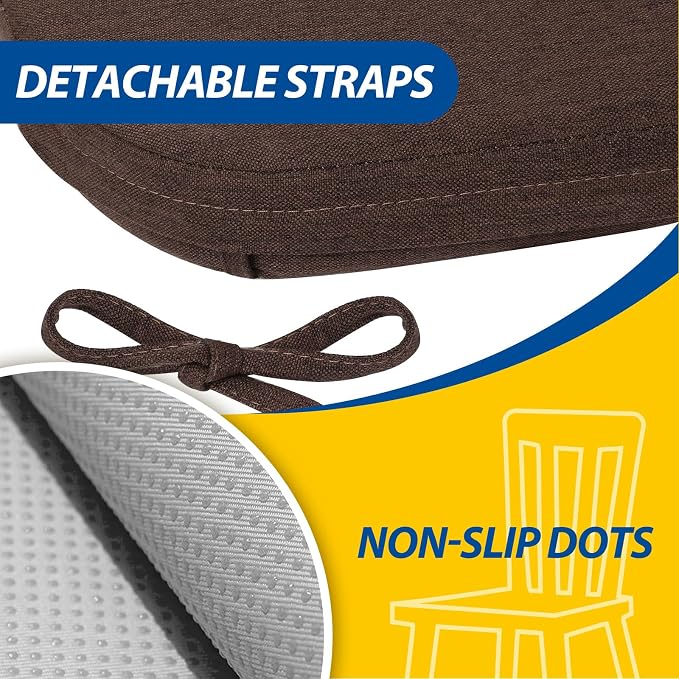 AAAAAcessories D-Shaped Chair Cushions, 2" Thick Dining Chair Pads with Ties and Removable, Machine-Washable Cover, 17" x 16", Brown - Image 5