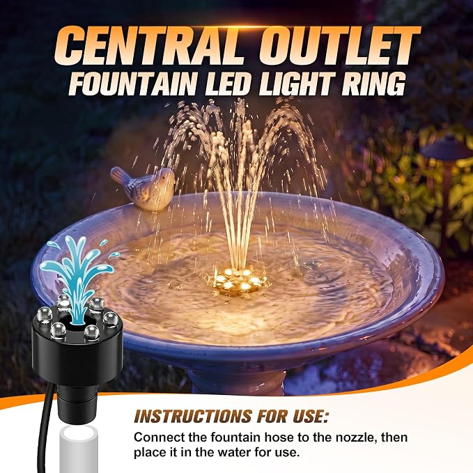 12V Submersible LED Fountain Light Ring, Warm White, 1 Pack | 6 LED Underwater Fountain Lights, 1/2" Water Hose Adapter, 59in Cable for Fountain, Waterfall & Water Features, w/o AC Plug - Image 7
