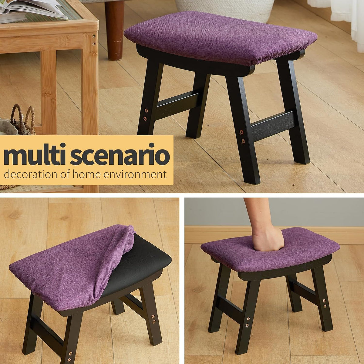 Foot Stool Ottoman Foot Rest Under Desk,Small Stool for Living Room, Bedroom and Kitchen (Black Legs - Purple Stool Surface) - Image 6