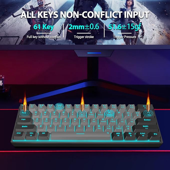 Snpurdiri 60% Wired Mechanical Gaming Keyboard (Black-Grey, Red Switches) | Ice Blue LED Backlit 61 Keys Mini Wired Office Keyboard for Windows Laptop PC Mac - Image 5