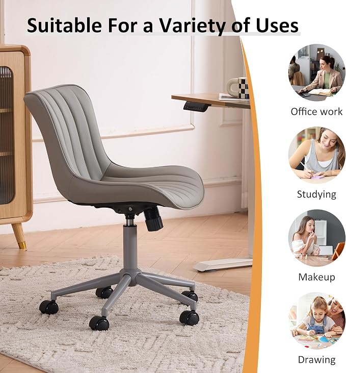 YOUNIKE Office Desk Chair with Wheels Armless Vanity Chair Ergonomic Grey | Faux Leather Upholstered with Rocking Back, Swivel Height Adjustable, Modern Small Cute Task Chair For Sewing Drafting - Image 8