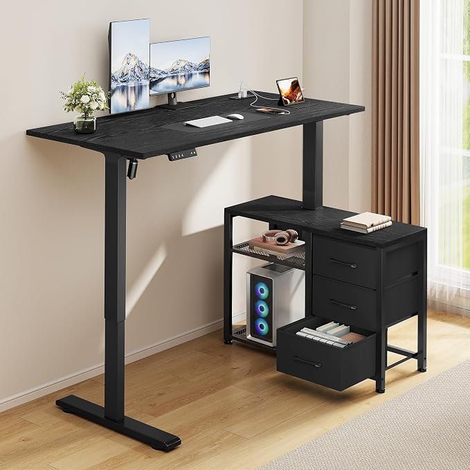 47 Inch L Shaped Desk with 3 Drawers Electric Standing Desks Black | with Storage Computer Table Adjustable Height with Power Outlets 4 Memory Presets for Home Office, Black by Homiflex