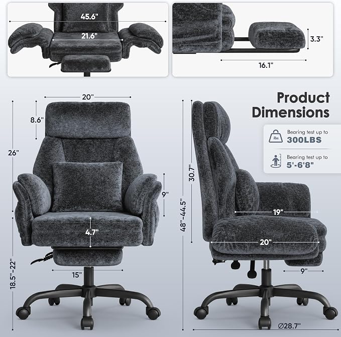 C57 Ergonomic Reclining Office Chair with Footrest, Velvet Desk Chair with 6-Stage Adjustable Wing Armrests for Cross Legged Sitting, Pet Friendly High Back Lounge Gaming Chair for Home Office - Image 2