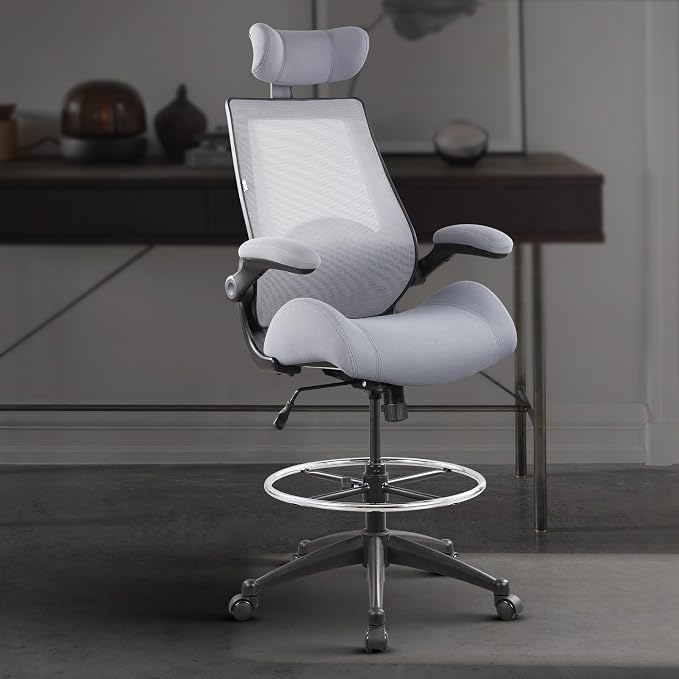 BOLISS 400lbs High Back Drafting Chair with Adjustable Headrest | High Computer Office Chair for Standing Desk, Flip up Armrests, Lumbar Cushion, Adjustable Big Footrest Ring - Image 2