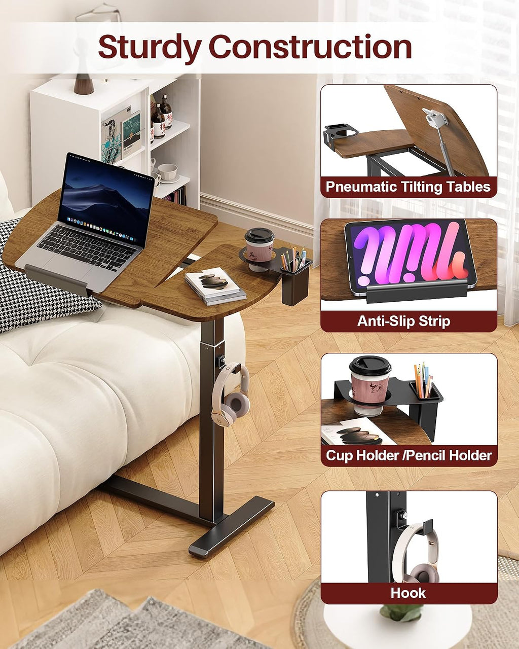 Overbed Table with Wheels, Pneumatic Lift and Tilting Top (Walnut) - Image 5