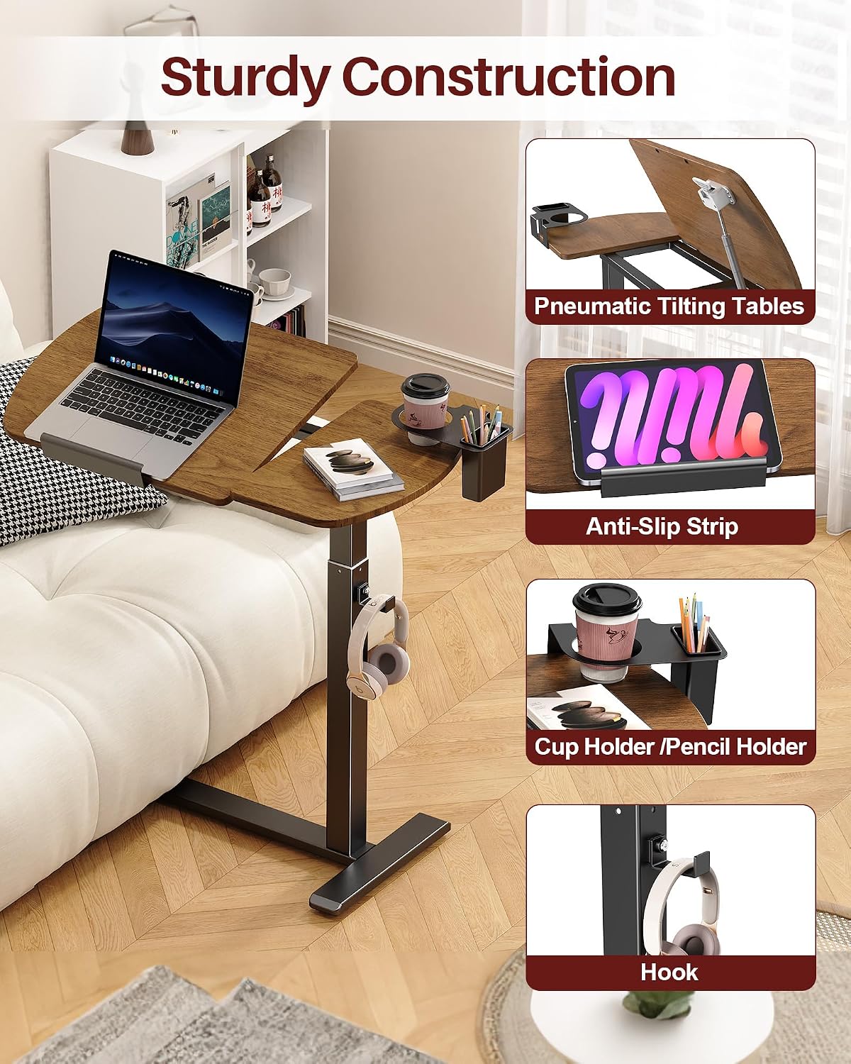 Overbed Table with Wheels, Pneumatic Lift and Tilting Top (Walnut) - Image 5