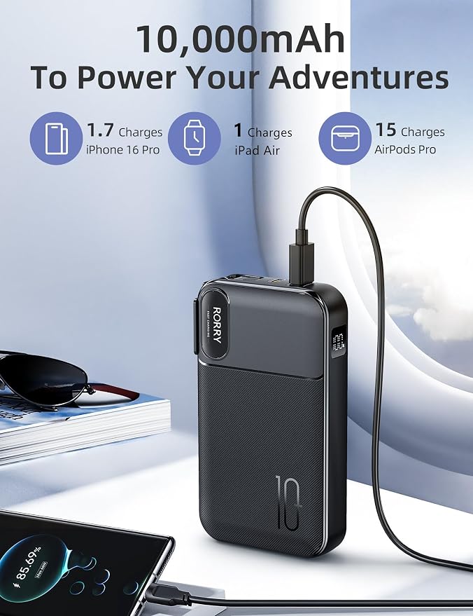 RORRY Portable Charger w/Wall Plug 10000mAh Power Bank 22.5W Battery Pack | Built in Cables, Fast Charging, for iPhone, iPad, Samsung Galaxy, Pixel, LG, Travel Essential, Digital Display, Pocket Size - Image 5