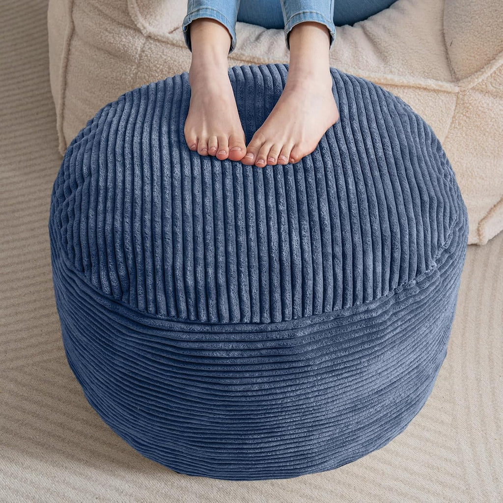 HIGOGOGO Round Stuffed Pouf Ottoman, Corduroy Poufs with Foam Chunk Filling, Furry and Fluffy Pouf Foot Stool Storage Ottoman, 26 X 18 Floor Poufs Foot Rest for Living Room, Bluestone by HIGOGOGO