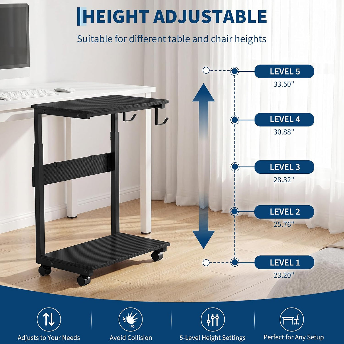 Height Adjustable Rolling PC Tower Stand with Locking Wheels, for Office, Home & Gaming, Compact Under Desk Computer Holder, 23.23"-33.46", Carbon Fiber Look - Image 4